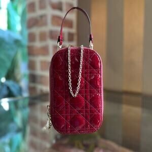 DIOR Lady Dior Call'in Cherry Red Patent Cannage Calfskin Phone Holder Crossbody